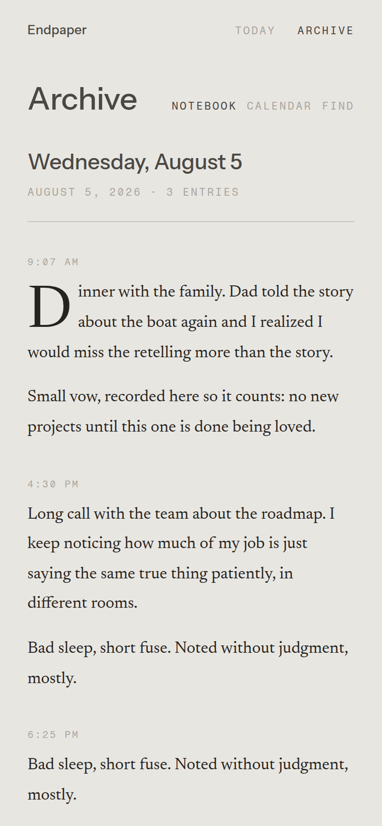 The Notebook — every written day, read like a book.